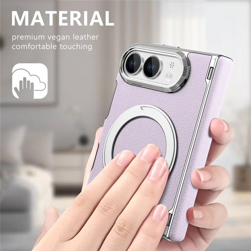 For iPhone Duo Case Magnetic Kickstand Automatic Rebound Hinge Litchi Texture Leather Phone Cover - Purple