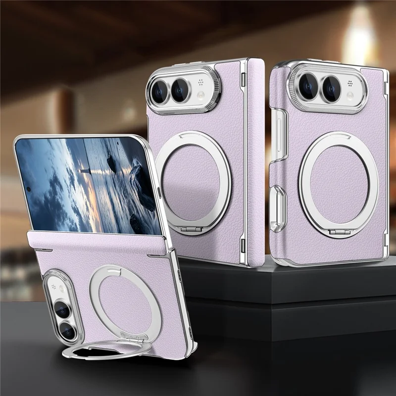 For iPhone Duo Case Magnetic Kickstand Automatic Rebound Hinge Litchi Texture Leather Phone Cover - Purple
