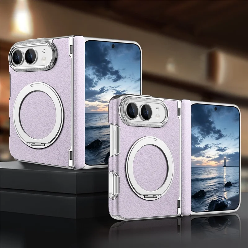 For iPhone Duo Case Magnetic Kickstand Automatic Rebound Hinge Litchi Texture Leather Phone Cover - Purple