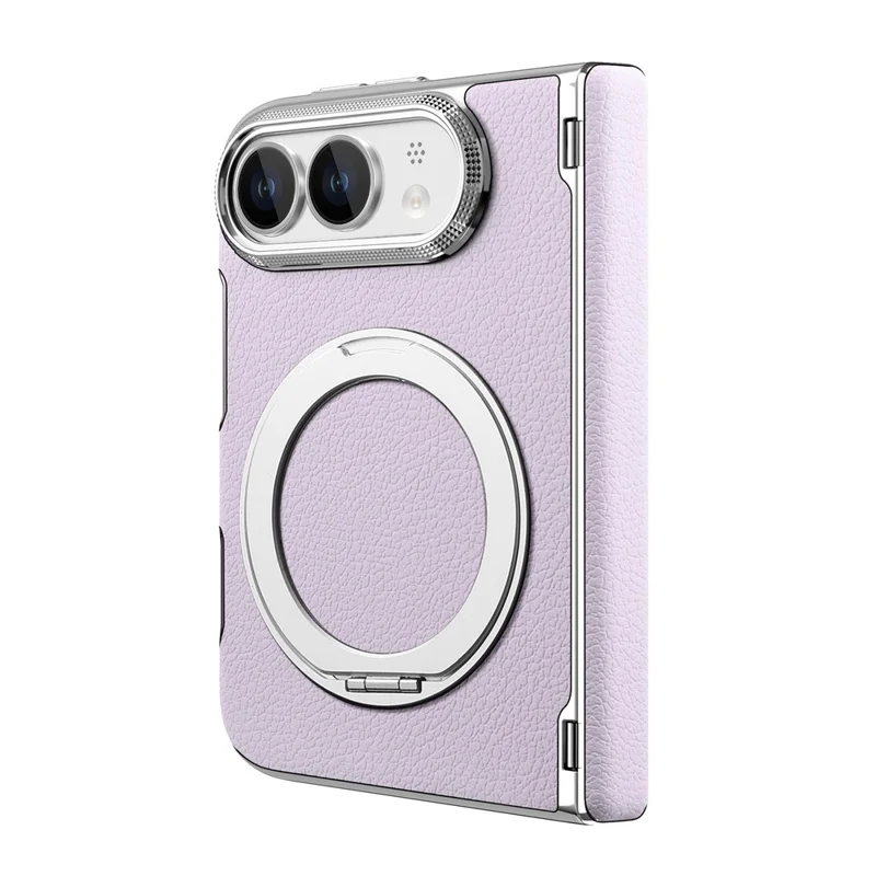 For iPhone Duo Case Magnetic Kickstand Automatic Rebound Hinge Litchi Texture Leather Phone Cover - Purple