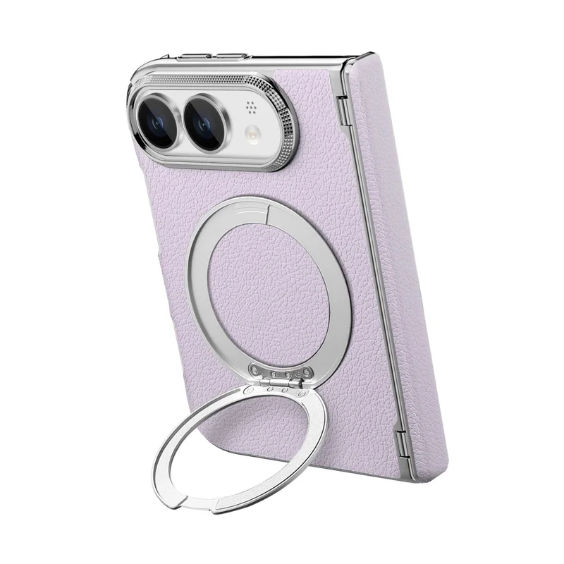 For iPhone Duo Case Magnetic Kickstand Automatic Rebound Hinge Litchi Texture Leather Phone Cover - Purple