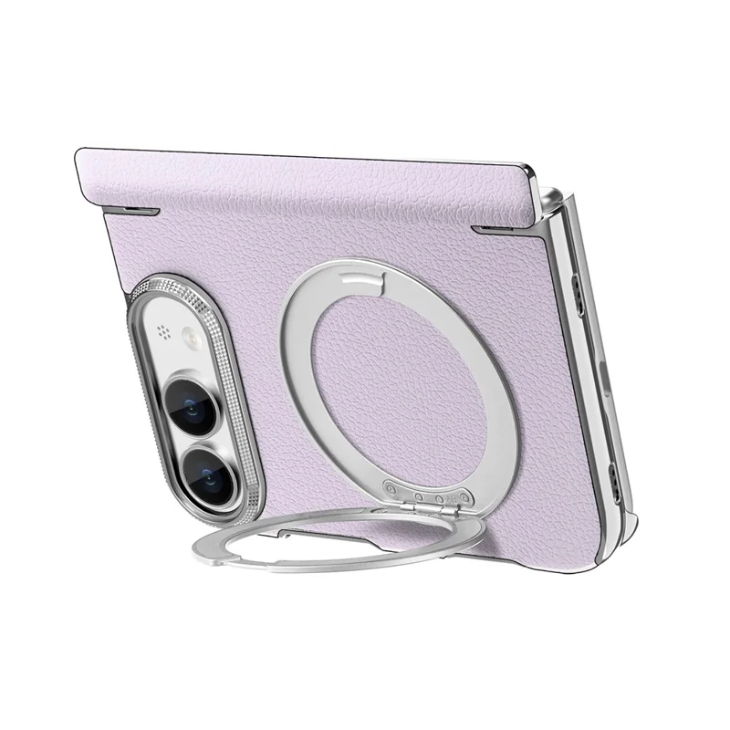 For iPhone Duo Case Magnetic Kickstand Automatic Rebound Hinge Litchi Texture Leather Phone Cover - Purple