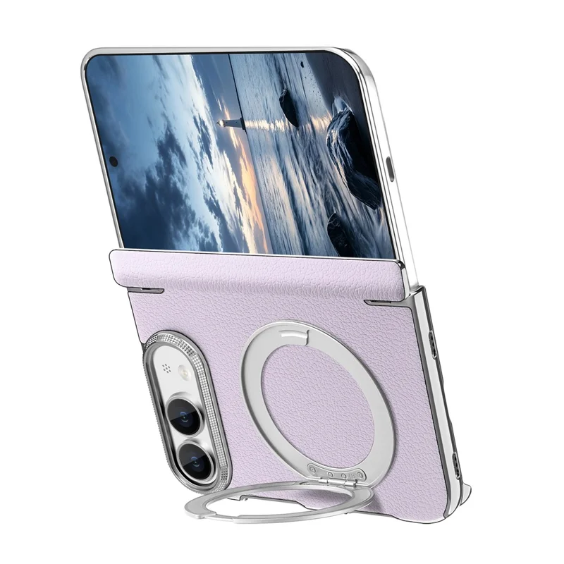 For iPhone Duo Case Magnetic Kickstand Automatic Rebound Hinge Litchi Texture Leather Phone Cover - Purple