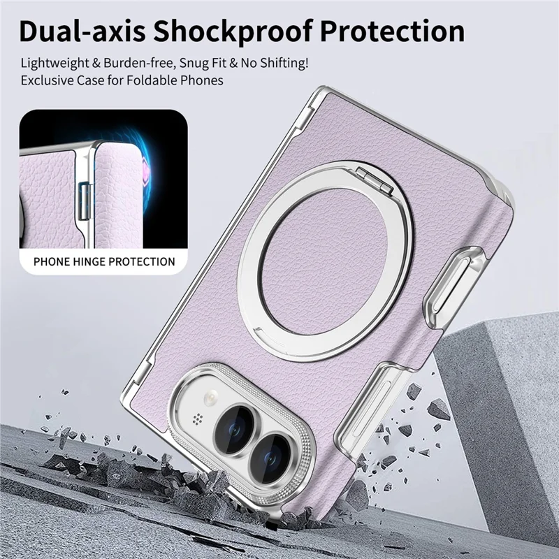 For iPhone Duo Case Magnetic Kickstand Automatic Rebound Hinge Litchi Texture Leather Phone Cover - Purple