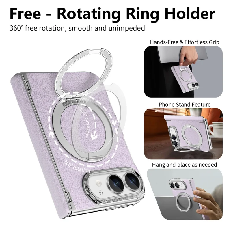 For iPhone Duo Case Magnetic Kickstand Automatic Rebound Hinge Litchi Texture Leather Phone Cover - Purple