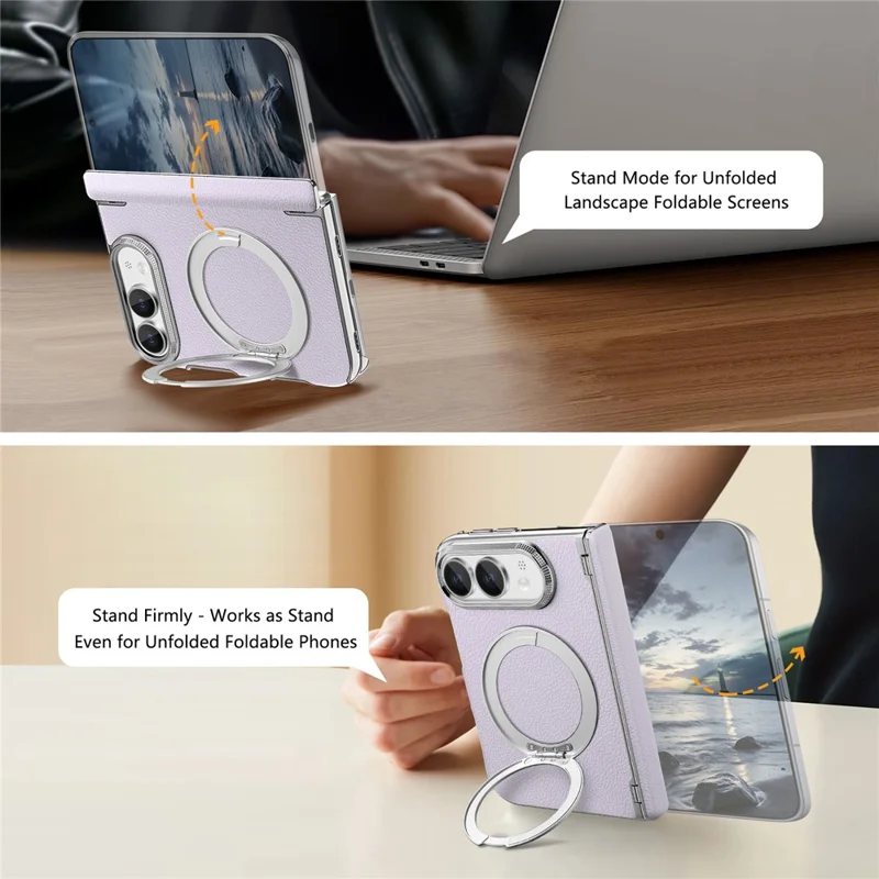 For iPhone Duo Case Magnetic Kickstand Automatic Rebound Hinge Litchi Texture Leather Phone Cover - Purple