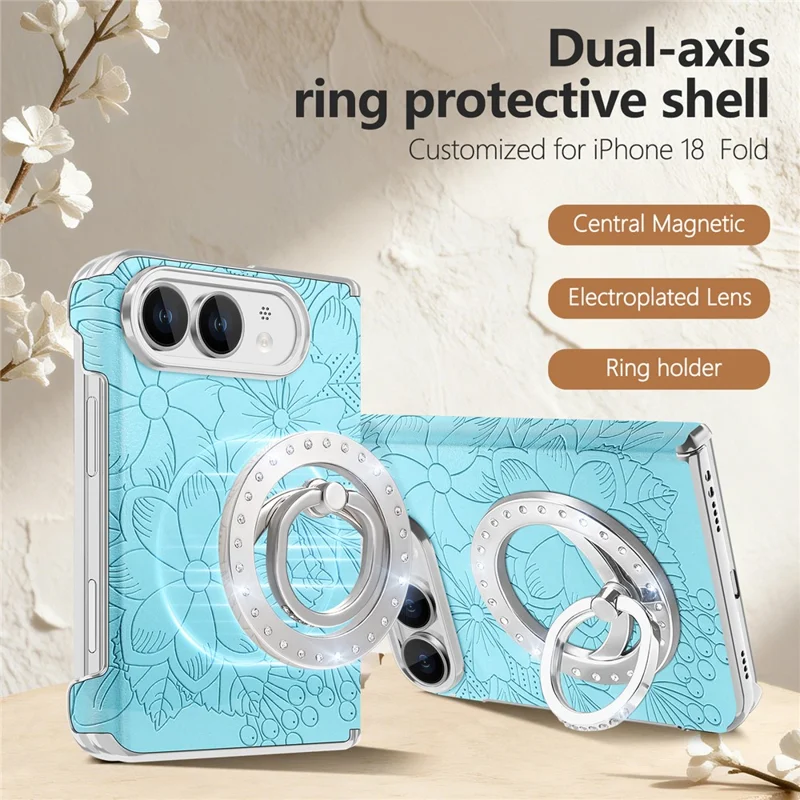 Obudowa iPhone Duo z kryształkami, magnetyczna z podpórką, kwiatowy wzór, skórzana obudowa tylna - niebieska