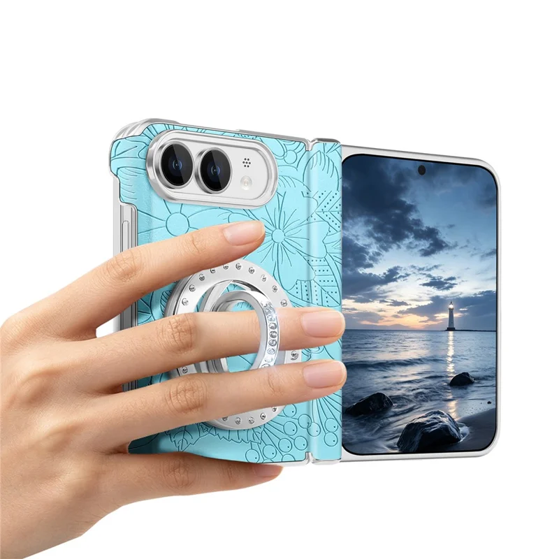 Obudowa iPhone Duo z kryształkami, magnetyczna z podpórką, kwiatowy wzór, skórzana obudowa tylna - niebieska
