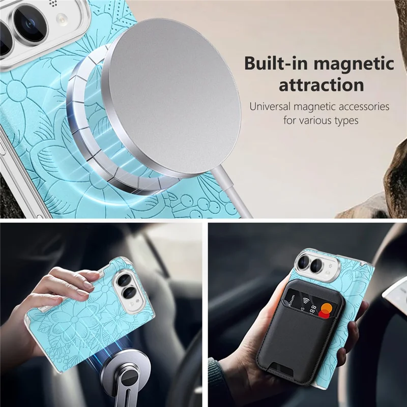 Obudowa iPhone Duo z kryształkami, magnetyczna z podpórką, kwiatowy wzór, skórzana obudowa tylna - niebieska