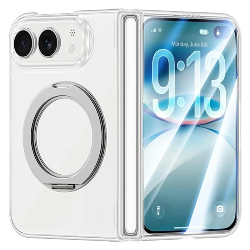 For iPhone Duo Magnetic Case Rotatable Kickstand Hard PC Phone Cover with Tempered Glass Screen Protector - Transparent