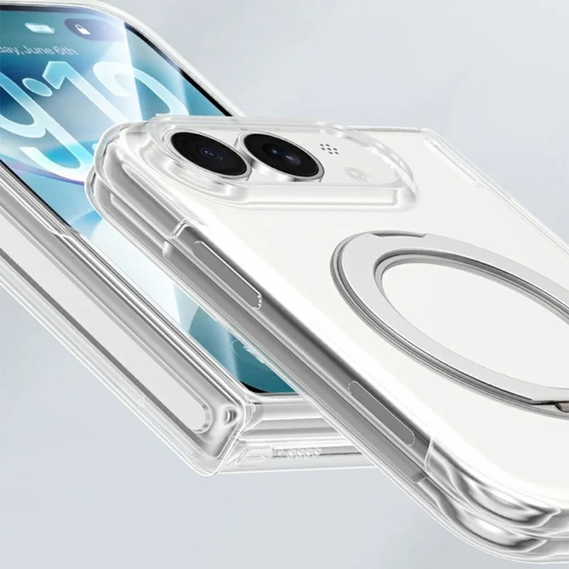 For iPhone Duo Magnetic Case Rotatable Kickstand Hard PC Phone Cover with Tempered Glass Screen Protector - Transparent