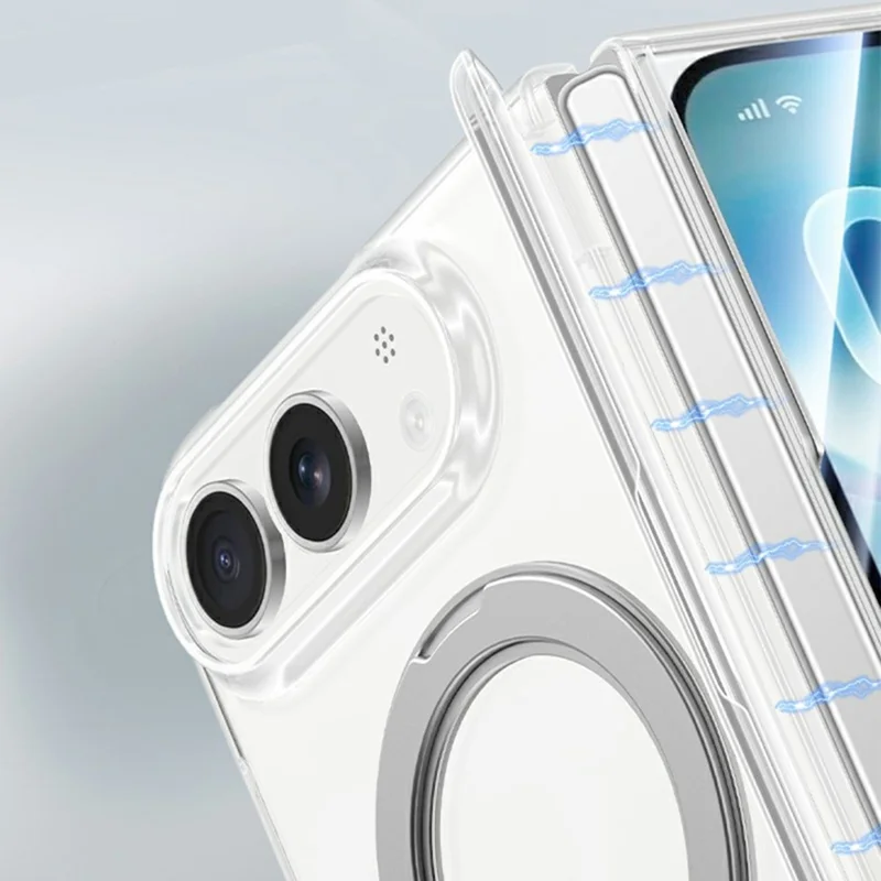 For iPhone Duo Magnetic Case Rotatable Kickstand Hard PC Phone Cover with Tempered Glass Screen Protector - Transparent