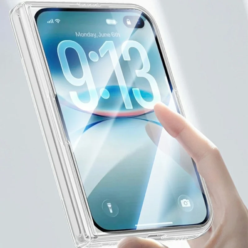 For iPhone Duo Magnetic Case Rotatable Kickstand Hard PC Phone Cover with Tempered Glass Screen Protector - Transparent