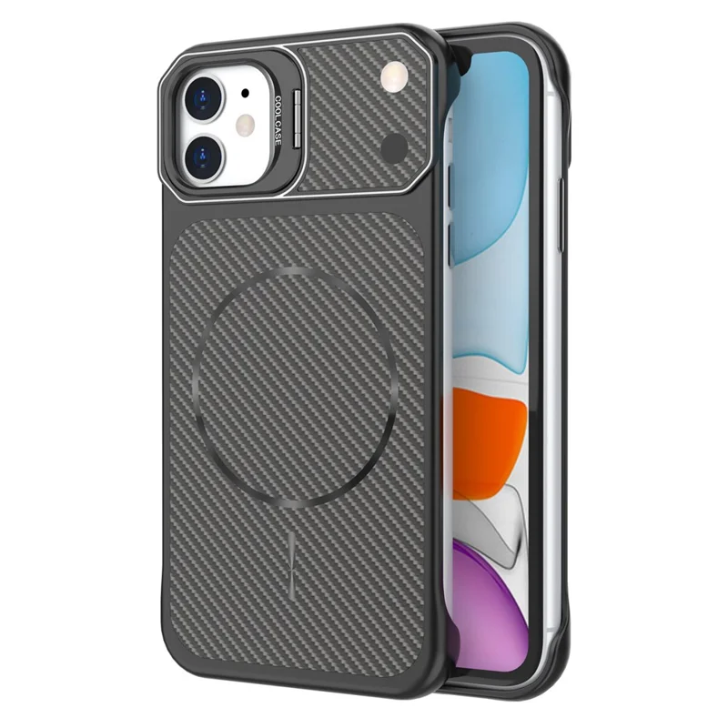 For iPhone 11 Magnetic Case with Lens Frame Kickstand Carbon Fiber Texture Hard PC Half-Wrapped Phone Cover - Black
