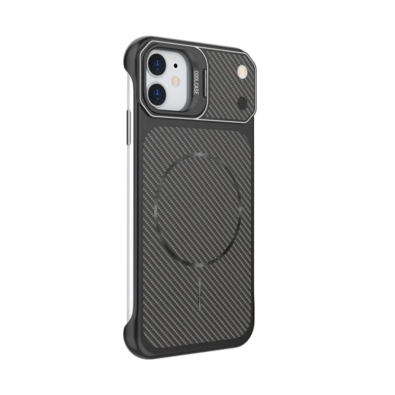 For iPhone 11 Magnetic Case with Lens Frame Kickstand Carbon Fiber Texture Hard PC Half-Wrapped Phone Cover - Black