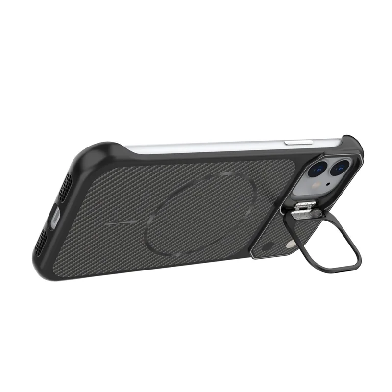 For iPhone 11 Magnetic Case with Lens Frame Kickstand Carbon Fiber Texture Hard PC Half-Wrapped Phone Cover - Black