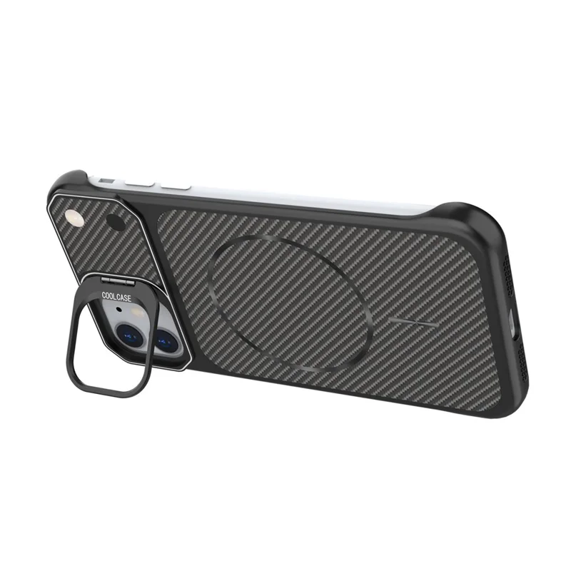 For iPhone 11 Magnetic Case with Lens Frame Kickstand Carbon Fiber Texture Hard PC Half-Wrapped Phone Cover - Black