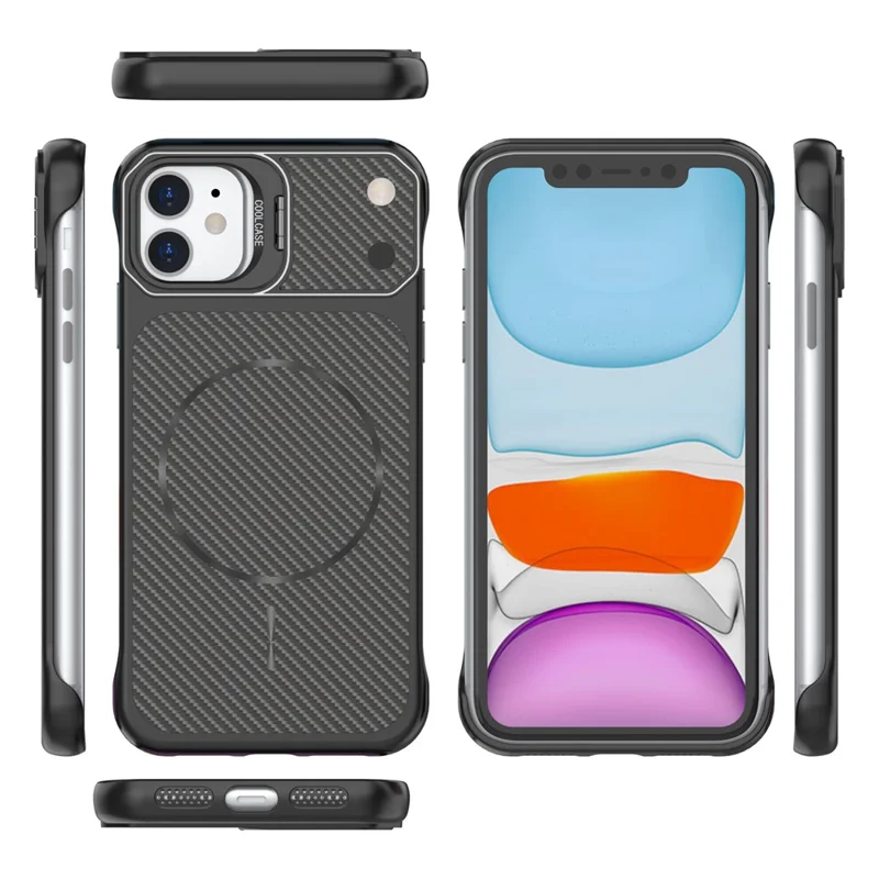 For iPhone 11 Magnetic Case with Lens Frame Kickstand Carbon Fiber Texture Hard PC Half-Wrapped Phone Cover - Black