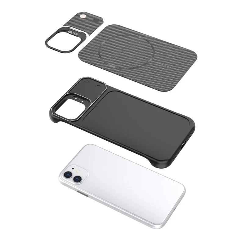 For iPhone 11 Magnetic Case with Lens Frame Kickstand Carbon Fiber Texture Hard PC Half-Wrapped Phone Cover - Black