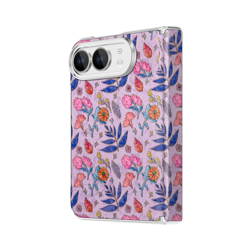 For iPhone Duo Magnetic Case Floral Pattern Leather Dual-Axis Hinge Shockproof Phone Cover - Purple