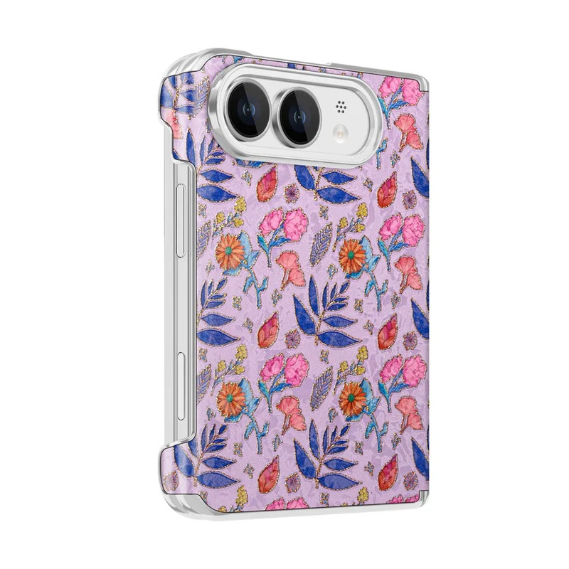For iPhone Duo Magnetic Case Floral Pattern Leather Dual-Axis Hinge Shockproof Phone Cover - Purple