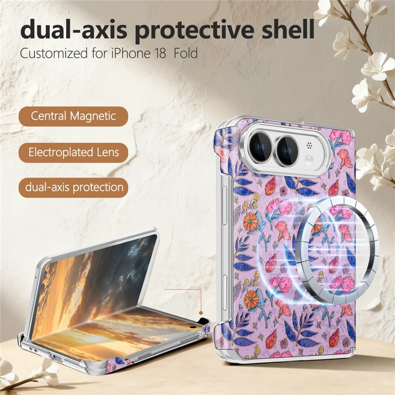 For iPhone Duo Magnetic Case Floral Pattern Leather Dual-Axis Hinge Shockproof Phone Cover - Purple