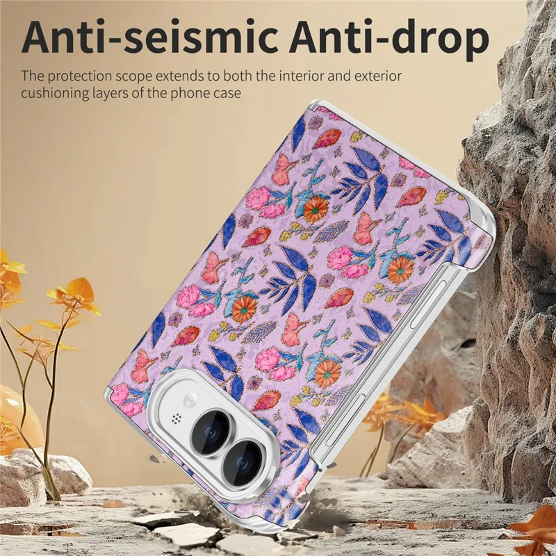 For iPhone Duo Magnetic Case Floral Pattern Leather Dual-Axis Hinge Shockproof Phone Cover - Purple