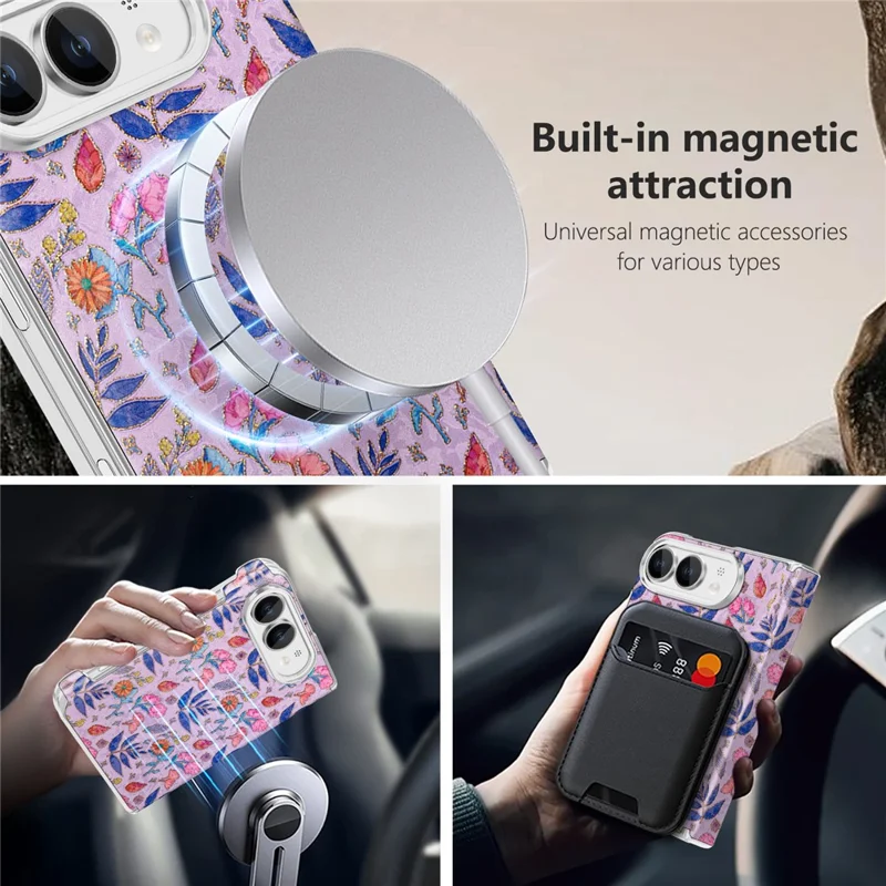 For iPhone Duo Magnetic Case Floral Pattern Leather Dual-Axis Hinge Shockproof Phone Cover - Purple