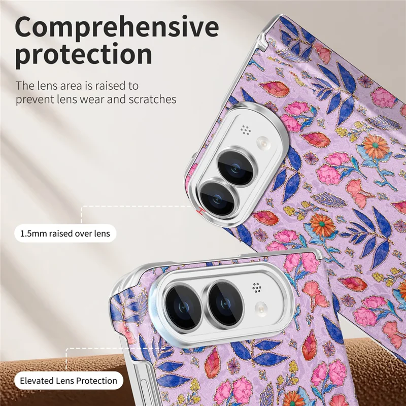 For iPhone Duo Magnetic Case Floral Pattern Leather Dual-Axis Hinge Shockproof Phone Cover - Purple