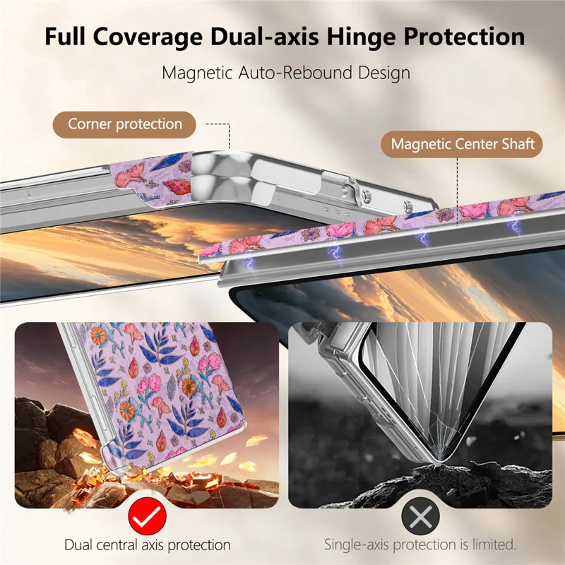For iPhone Duo Magnetic Case Floral Pattern Leather Dual-Axis Hinge Shockproof Phone Cover - Purple