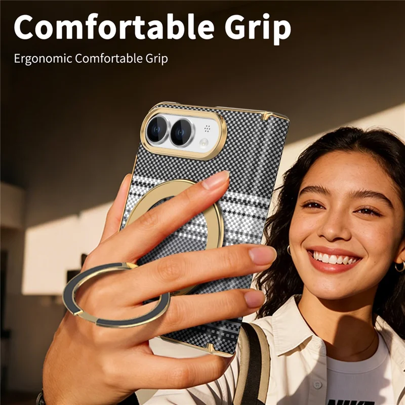 For iPhone Duo Magnetic Case Ring Kickstand Hinge Design Electroplated Leather + PC Phone Cover - Black