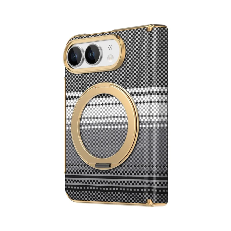 For iPhone Duo Magnetic Case Ring Kickstand Hinge Design Electroplated Leather + PC Phone Cover - Black