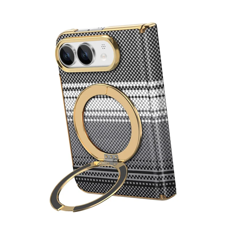 For iPhone Duo Magnetic Case Ring Kickstand Hinge Design Electroplated Leather + PC Phone Cover - Black