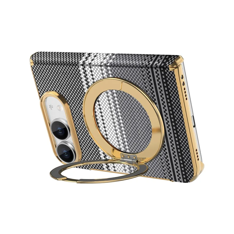 For iPhone Duo Magnetic Case Ring Kickstand Hinge Design Electroplated Leather + PC Phone Cover - Black