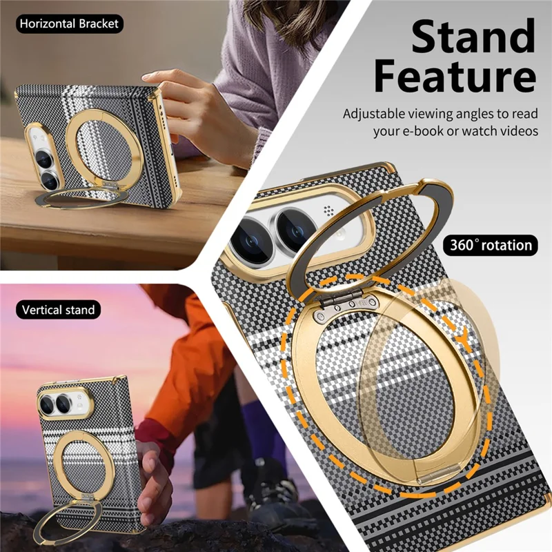 For iPhone Duo Magnetic Case Ring Kickstand Hinge Design Electroplated Leather + PC Phone Cover - Black