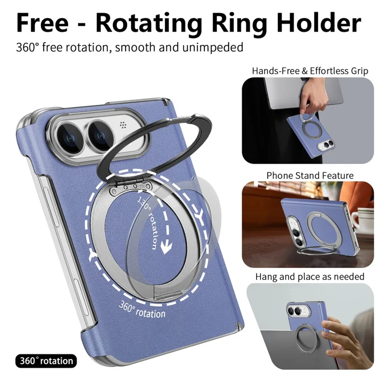 Voor iPhone Duo Magnetische Ringstandhouder met Scharnierbescherming Lederen + PC Telefoonhoes - Blauw