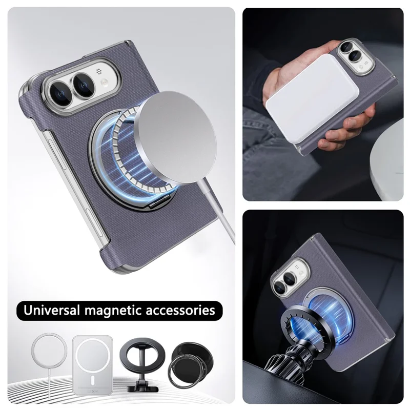 For iPhone Duo Case Fine Grid Texture Leather Magnetic Ring Kickstand Foldable Phone Cover - Purple