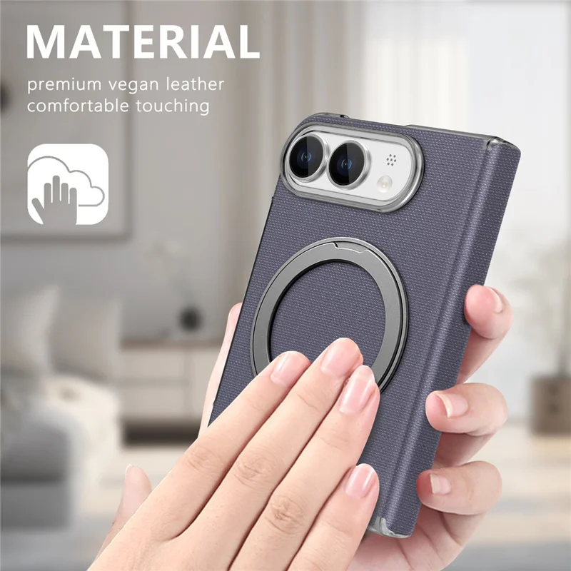 For iPhone Duo Case Fine Grid Texture Leather Magnetic Ring Kickstand Foldable Phone Cover - Purple