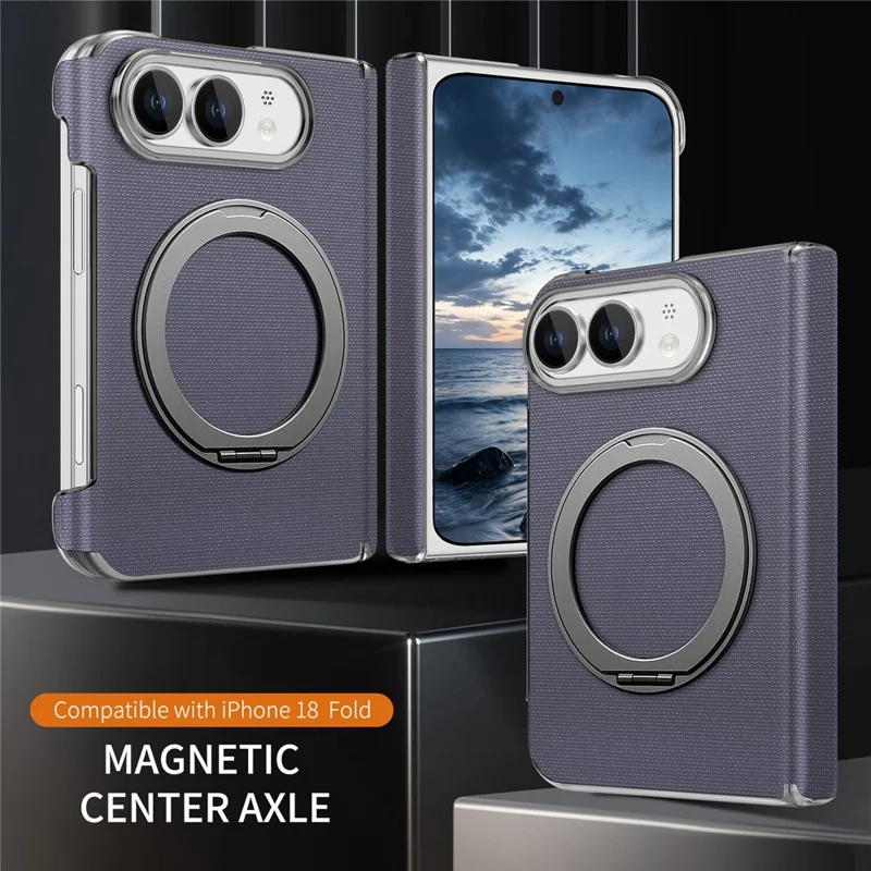 For iPhone Duo Case Fine Grid Texture Leather Magnetic Ring Kickstand Foldable Phone Cover - Purple