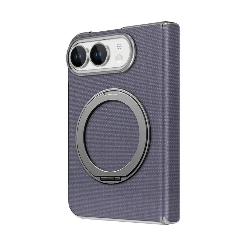 For iPhone Duo Case Fine Grid Texture Leather Magnetic Ring Kickstand Foldable Phone Cover - Purple