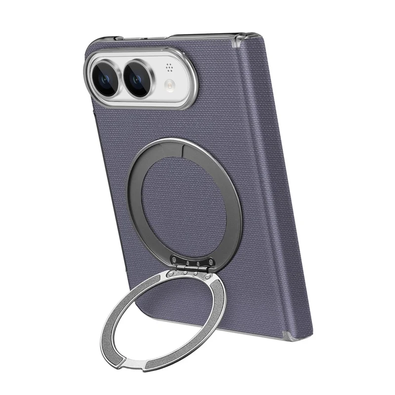 For iPhone Duo Case Fine Grid Texture Leather Magnetic Ring Kickstand Foldable Phone Cover - Purple