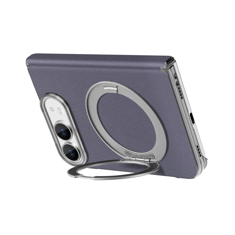 For iPhone Duo Case Fine Grid Texture Leather Magnetic Ring Kickstand Foldable Phone Cover - Purple