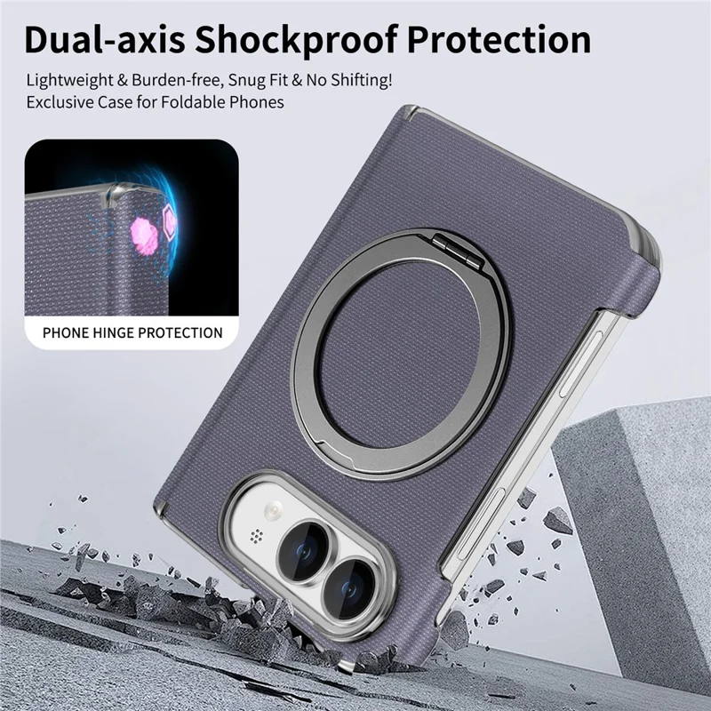 For iPhone Duo Case Fine Grid Texture Leather Magnetic Ring Kickstand Foldable Phone Cover - Purple
