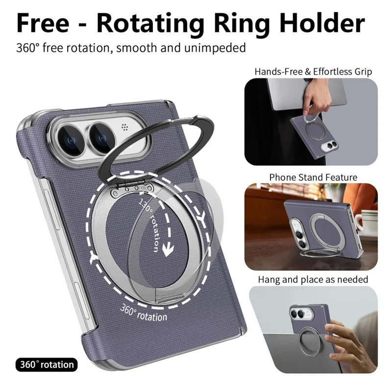 For iPhone Duo Case Fine Grid Texture Leather Magnetic Ring Kickstand Foldable Phone Cover - Purple