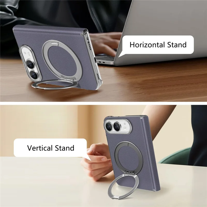 For iPhone Duo Case Fine Grid Texture Leather Magnetic Ring Kickstand Foldable Phone Cover - Purple