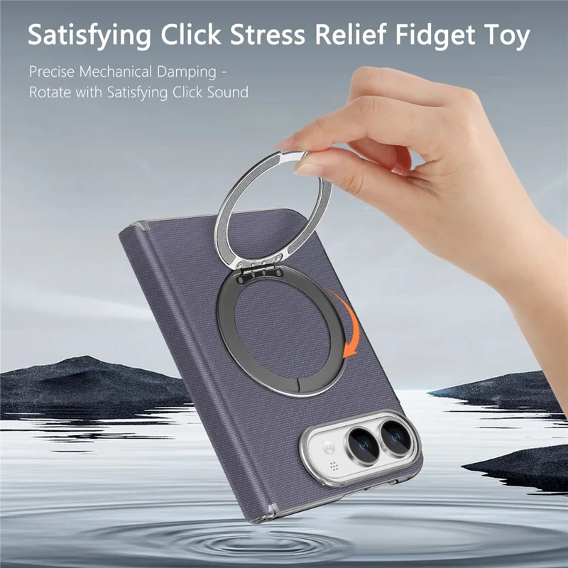 For iPhone Duo Case Fine Grid Texture Leather Magnetic Ring Kickstand Foldable Phone Cover - Purple
