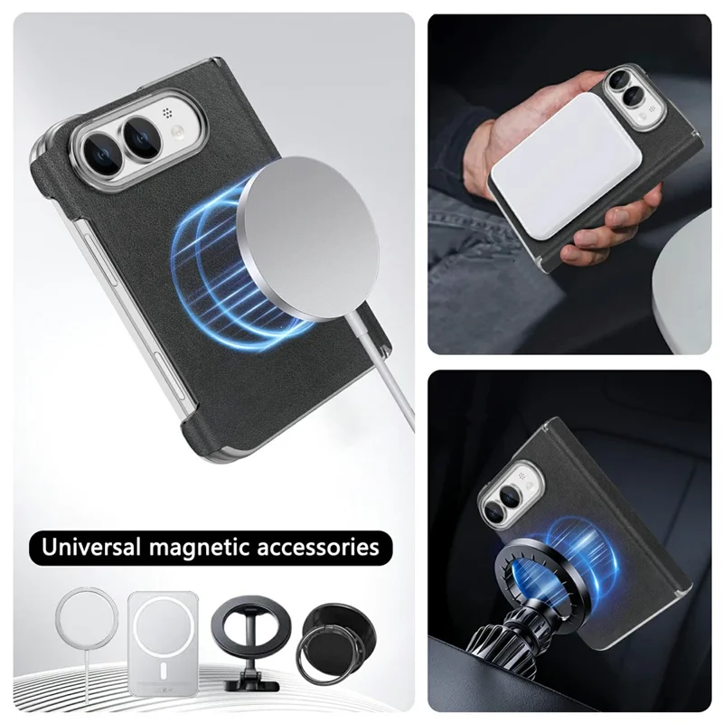 For iPhone Duo Magnetic Case PU Leather Dual-Axis Shockproof Phone Cover - Black