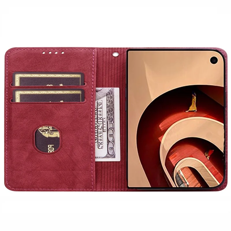 For iPhone Duo Case Lines Pattern Wallet Leather Phone Cover with Strap - Red