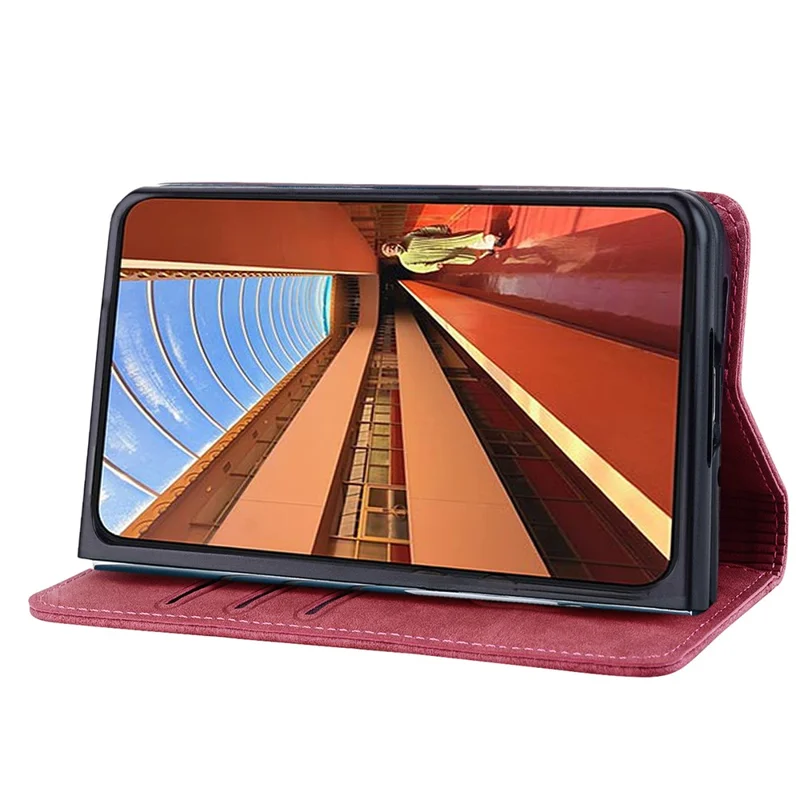 For iPhone Duo Case Lines Pattern Wallet Leather Phone Cover with Strap - Red