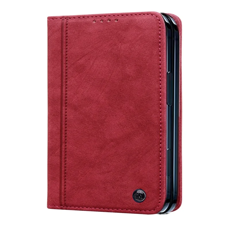 For iPhone Duo Case Lines Pattern Wallet Leather Phone Cover with Strap - Red